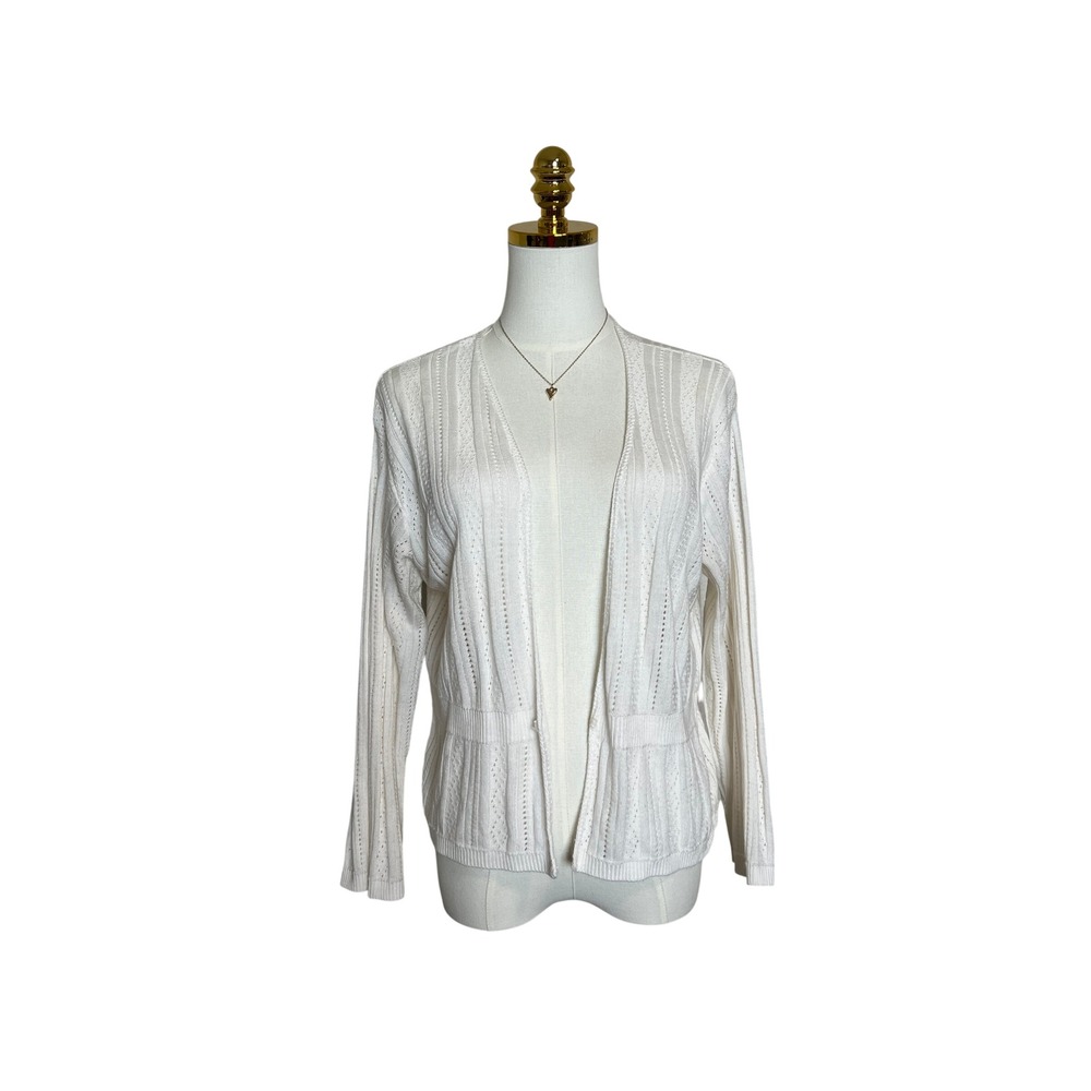 Elementz‎ Women White Pointelle Knit Open Front Cardigan Ribbed Long Sleeve XL